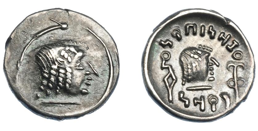 309   -  GRECIA ANTIGUA. ARABIA. Dracma-quinario. Amdam Bayyin (80-100 d.C.). A/ Cabeza de tipo apolíneo a der. R/ Cabeza de tipo apolíneo a der., de pequeño tamaño rodeada de ley. sabea. AR 1,72 g. 14,1 mm. COP-172. EBC-/EBC.