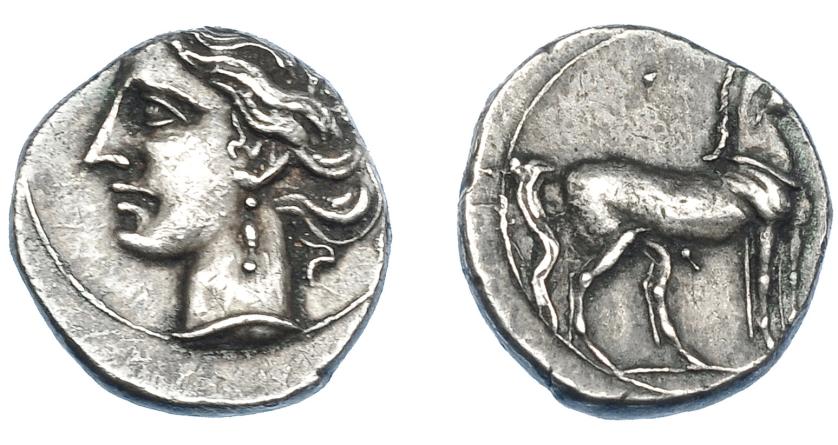 312   -  GRECIA ANTIGUA. ZEUGITANIA. Cartago. 1/4 de shekel (240-145 a.C.). A/ Cabeza de Tanit a izq. R/ Caballo parado a der., encima glóbulo. AR 1,77 g. 13,4 mm. COP-335 (vte. glóbulo rev.). SBG-6499 vte. Ligeramente descentrada. EBC-. Ex colección Guadán 3014. 