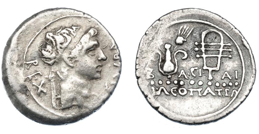 314   -  GRECIA ANTIGUA. MAURITANIA. Juba II con Cleopatra Selene. Denario (25 a.C.-23 d.C.). A/ Cabeza diademada a der., delante creciente; REX IVBA. R/ Tocado de Isis con espigas y sistro; B-ACI-LI / KLEOPATRA. AR 3,20 g. 18,8 mm. COP-552. MBC-/MBC. Muy escasa. Ex colección Guadán 3065. 