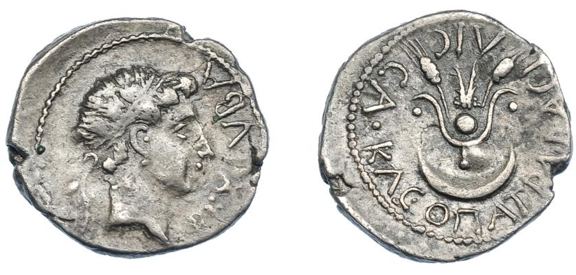 315   -  GRECIA ANTIGUA. MAURITANIA. Juba II con Cleopatra Selene. Denario (25 a.C.-23 d.C.). A/ Cabeza diademada a der.; REX IVBA. R/ Tocado de Isis con espigas encima de creciente; BACILICA KLEOPATRA. AR 2,66 g. 17,3 mm. COP-574. Cospel abierto. MBC. Muy escasa. Ex colección Guadán 3068. 