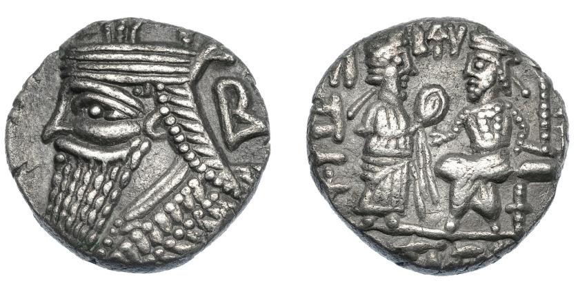 325   -  GRECIA ANTIGUA. REYES DE PARTIA. Volagases IV. Tetradracma (147-191). R/ Tyche a der. entregando diadema al rey entronizado frente a ella. AR 13,17 g. 25,3 mm. SEP-84. MBC+.  Ex colección Guadán 2684. 