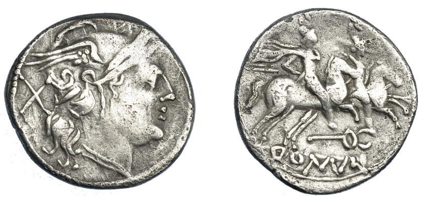 327   -  REPÚBLICA ROMANA. EMISIONES ANÓNIMAS. Denario. Italia central (210-208 a.C.). R/ Caduceo debajo de los Dióscuros. AR 2,92 g. 18,08 mm. CRAW-60.1a. FFC-15. MBC-.