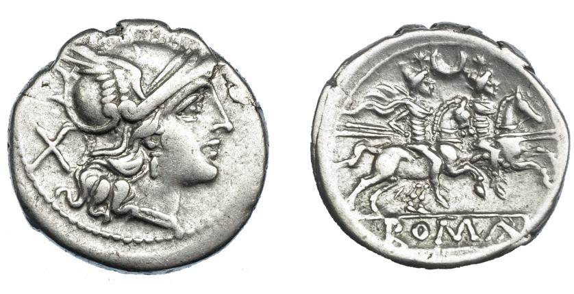 331   -  REPÚBLICA ROMANA. EMISIONES ANÓNIMAS. Denario. Roma (208-206). R/ Encima de los Dióscuros estrellas y creciente; ROMA en cartela. AR 4,3 g. 19,68 mm. CRAW-57.2. FFC-29. MBC/MBC+.