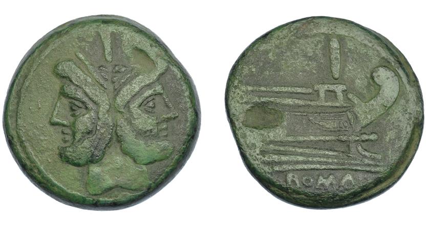 336   -  REPÚBLICA ROMANA. EMISIONES ANÓNIMAS. As. Roma. AE 30,6 g. 34,32 mm. CRAW-56.2. Falta de metal en rev. Pátina verde. MBC/MBC-. Ex Vico 151, lote 277.