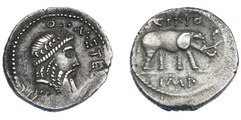 341   -  REPÚBLICA ROMANA. CAECILIA. Denario. África (47-46 a.C.). R/ Elefante a der., encima SCIPIO; en exergo IMP. AR 3,64 g. 18,69 mm. CRAW-459.1. FFC-220. Vano en anv. MBC+/MBC.