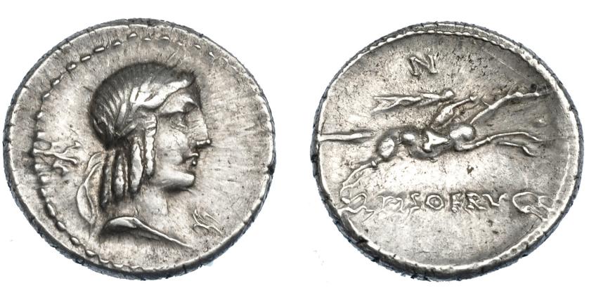 342   -  REPÚBLICA ROMANA. CALPURNIA. Denario. A/ Detrás símbolo, delante letra. R/ Encima N. AR 3,96 g. 18,95 mm. CRAW-408.1a. FFC-306. MBC+.