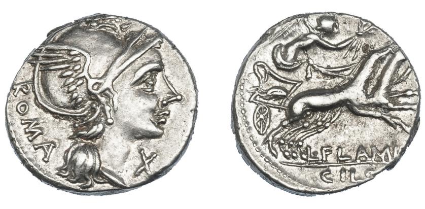 344   -  REPÚBLICA ROMANA. FLAMINIA. Denario. Norte de Italia (109-108 a.C.). R/ Victoria en biga, debajo L FALMINI/CILO. AR 3,89 g. 18,37 mm. CRAW-FFC-708. EBC-/MBC+. Ex Vico 139, lote 138.