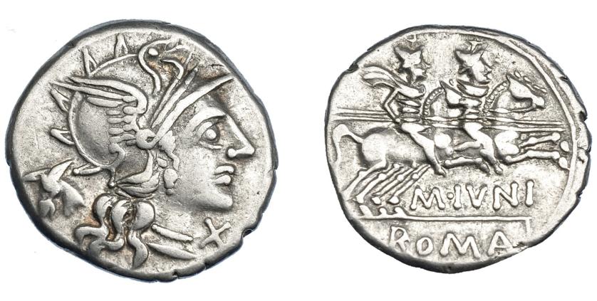 345   -  REPÚBLICA ROMANA. JUNIA. Denario. Roma (145 a.C.). A/ Cabeza de asno detrás. R/ M. IVNI y ROMA en cartela. AR 3,45 g. 18,76 mm. CRAW-220.1. FFC-778. MBC.