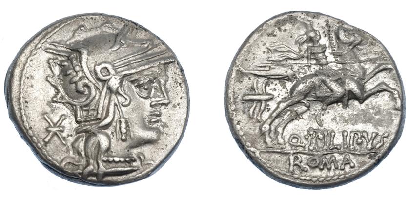 350   -  REPÚBLICA ROMANA. MARCIA. Denario. Roma (129 a. C.). R/ Jinete con lanza a der., detrás casco con cuernos de cabra. AR 3,93 g. 17,96 mm. CRAW-259.1. FFC-849. EBC-/MBC+.