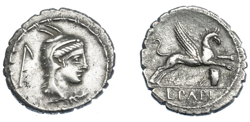 352   -  REPÚBLICA ROMANA. PAPIA. Denario. Roma (79 a.C.). A/ Cabeza de Juno Sospita a der., detrás mayal. R/ Debajo canasta con asa. Pareja de símbolos 45 de Crawford. AR 3,9 g. 19,64 mm. CRAW-384.1. FFC-952. Porosidades en rev. MBC+.