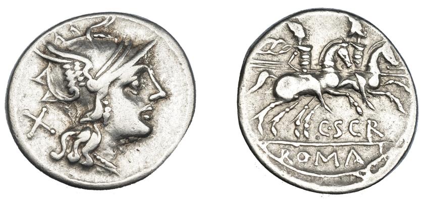 353   -  REPÚBLICA ROMANA. SCRIBONIA. Denario. Roma (154 a.C.). R/ Debajo C SCR, ROMA en cartela. AR 3,89 g. 18,99 mm. CRAW-201.1. FFC-1100. MBC.