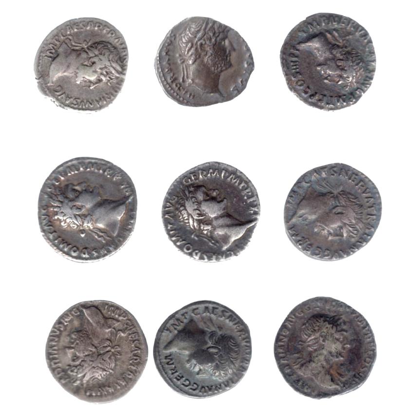 364   -  IMPERIO ROMANO. Lote de 9 denarios: Domiciano (2), Nerva, Trajano (3), Adriano (3). MBC-/MBC.