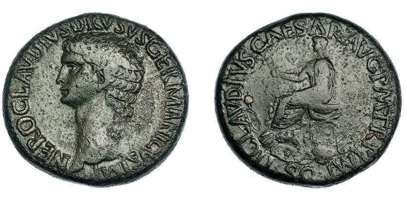 378   -  IMPERIO ROMANO. NERÓN CLAUDIO DRUSO (DRUSO EL MAYOR) (bajo Claudio I). Sestercio. Roma (41-50 d.C.). A/ Cabeza  a izq.; NERO CLAVDIVS DRVSVS GERMANICVS IMP. R/ Claudio sentado en silla curul a izq. con rama en der., rodeado de armas; en exergo S.C.; TI CLAVDIVS CAESAR AVG P M TR P IMP. AE 29,26 g. 33,55 mm. RIC-93. Pátina verde oscuro. MBC/MBC-. Rara.