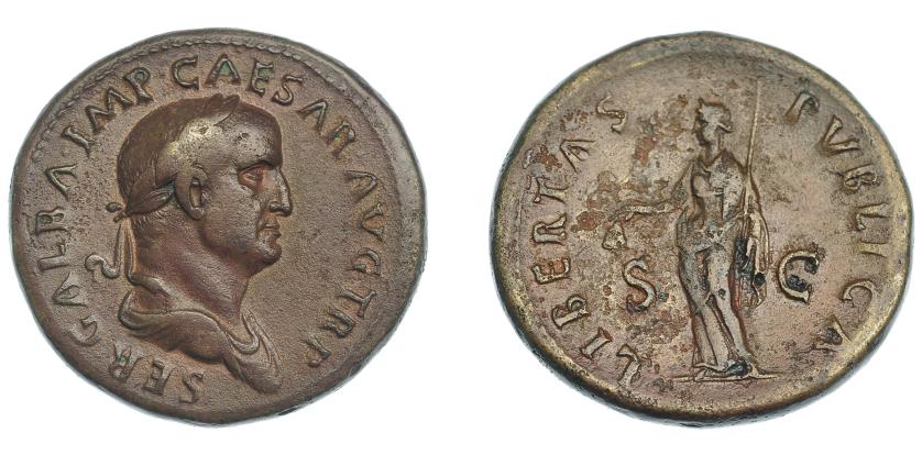 381   -  IMPERIO ROMANO. GALBA. Sestercio. Roma (68-69 d.C.). A/ Cabeza laureada y drapeada a der.; alrededor ley. interna SER GALBA IMP CAESAR AVG TR P. R/ Libertas a izq. con pileus y vara; en campo S-C; alrededor interna LIBERTAS PVBLICA. AE 26,43 g. 36,24 mm. RIC-237 (vte. ley. anv.). Leves erosiones en rev. Pátina marrón. MBC. Rara.