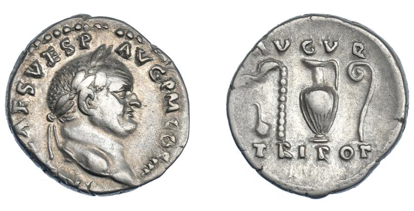 383   -  IMPERIO ROMANO. VESPASIANO. Denario. Roma (72-73 d.C.). A/ Cabeza laureada a der.; (IMP C)AES VESP-AVG P M COS IIII. R/ Instrumentos sacerdotales; AVGVR/ TRI POT. AE 3,28 g. 18,47 mm. RIC-356. MBC+.