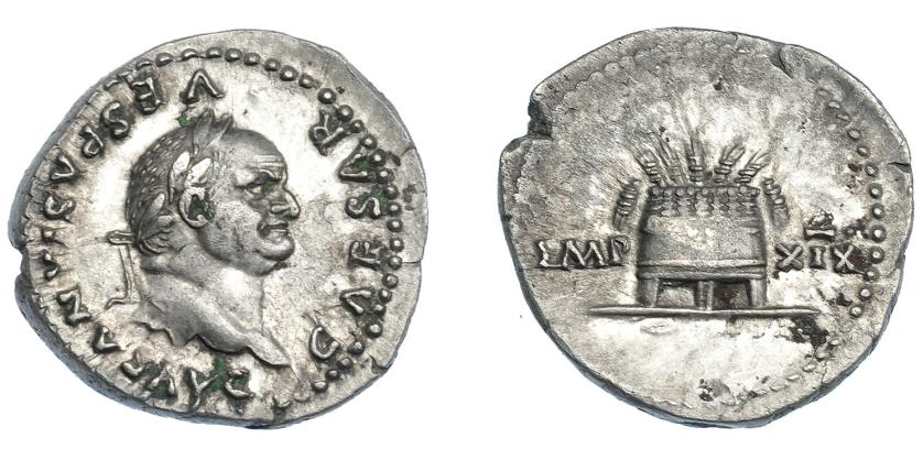 384   -  IMPERIO ROMANO. VESPASIANO. Denario. Roma (77-78 d.C.). A/ Cabeza laureada a der.; CAESAR VESPASIANVS AVG. R/ Modio con espigas; IMP-XIX. AR 3,22 g. 19,25 mm. RIC-980. Cospel abierto. MBC+/MBC.