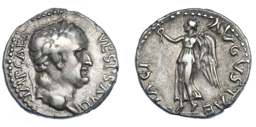 385   -  IMPERIO ROMANO. VESPASIANO. Denario. Éfeso (69-70 d.C.). A/ Cabeza laureada a der. R/ Victoria avanzando a izq.; PACI AVGVSTAE. AR 3,33 g. 16,94 mm. RIC-1396. MBC.