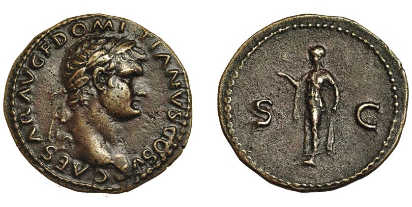 389   -  IMPERIO ROMANO. DOMICIANO (bajo Vespasiano). As. Roma (77-78 d.C.). A/ Cabeza laureada a der.; CAESAR AV. F. DOMITIANVS COS V. R/ Spes a izquierda con flor; S-C. AE 9,93 g. 28,93 mm. RIC-724. Porosidades. EBC-.