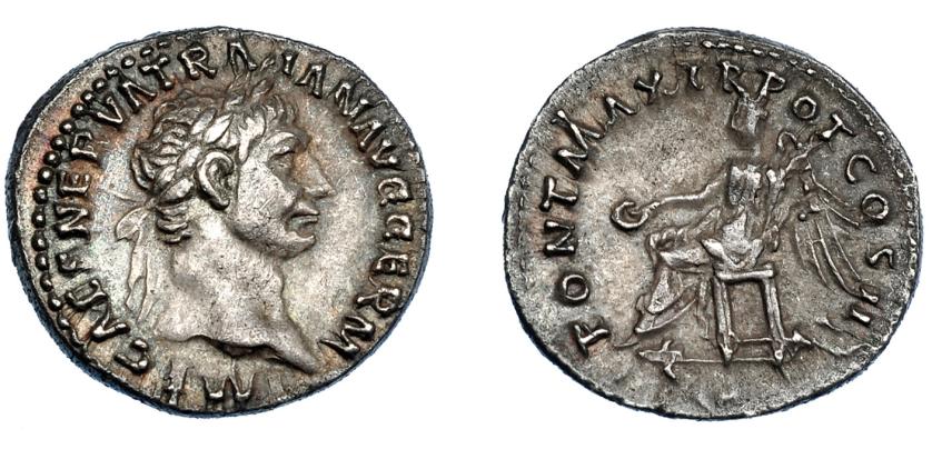 391   -  IMPERIO ROMANO. TRAJANO. Denario. Roma (98-99). A/ Cabeza laureada a der.; IMP CAES NERVA TRAIAN AVG GERM. R/ Victoria sentada a izq. con pátera y palma; PONT MAX TR POT COS II. AR 3,29 g. 17,5 mm. RIC-22. EBC-/MBC+. Venta privada en La Lonja del Almidón. Conserva sobre original.