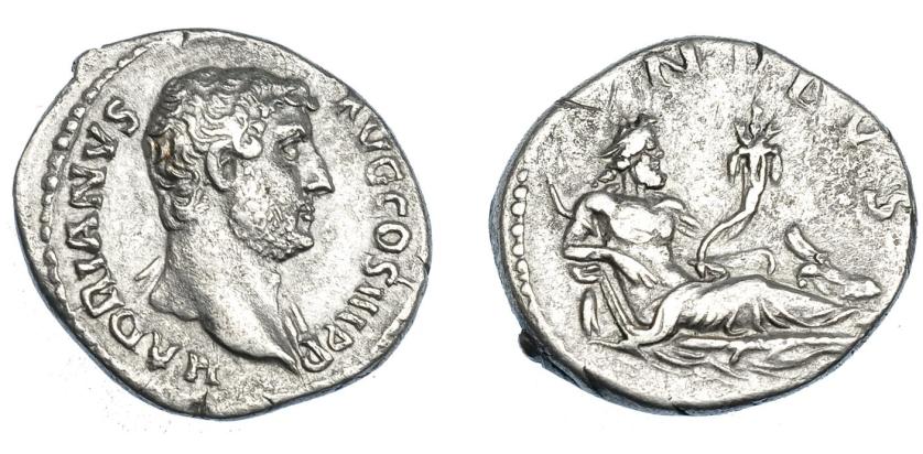 405   -  IMPERIO ROMANO. ADRIANO. Denario. Roma (130-133). A/ Cabeza laureada a der.; HADRIANVS AVG COS III P P. R/ Nilo recostado a der. con junco y cornucopia; NILVS. AR 3,24 g. 18,6 mm. RIC-1547. MBC+/MBC.