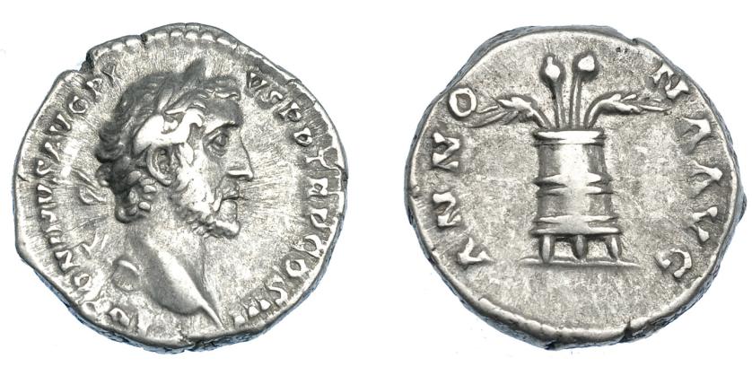 413   -  IMPERIO ROMANO. ANTONINO PÍO. Roma (140-143). A/ Cabeza laureada a der.; ANTONINVS AVG PIVS P P TR P COS III. R/ Modio; ANNONA AVG. Ar 3,75 g. 17,3 mm. RIC-62A. MBC.