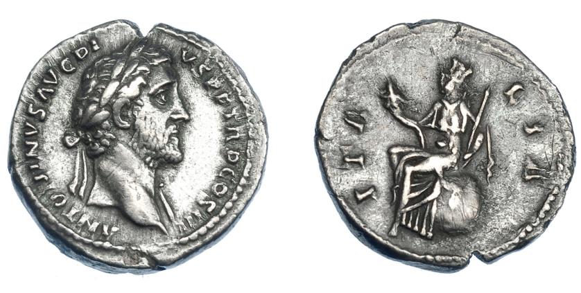 414   -  IMPERIO ROMANO. ANTONINO PÍO. Denario. Roma (140-143). A/ Cabeza laureada a der.; ANTONINVS AVG PIVS P P TR P COS III. R/ Italia sentada sobre globo a izq. con cetro y cornucopia; ITALIA. AR 3,27 g. 17,3 mm. RIC-73C. Cospel abierto. MBC.