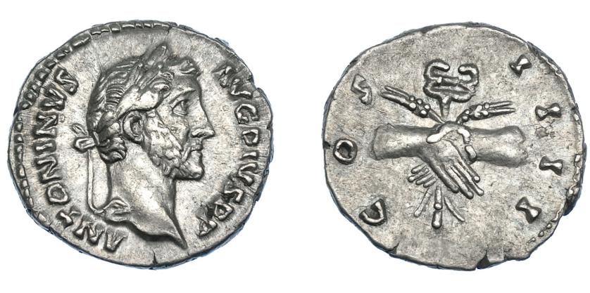 415   -  IMPERIO ROMANO. ANTONINO PÍO. Denario. Roma (145-161). A/ Cabeza laureada a der.; ANTONINVS AVG PIVS P P. R/ Manos enlazadas sosteniendo caduceo y espigas; COS IIII. AR 3,53 g. 17,7 mm. RIC-136. MBC+.