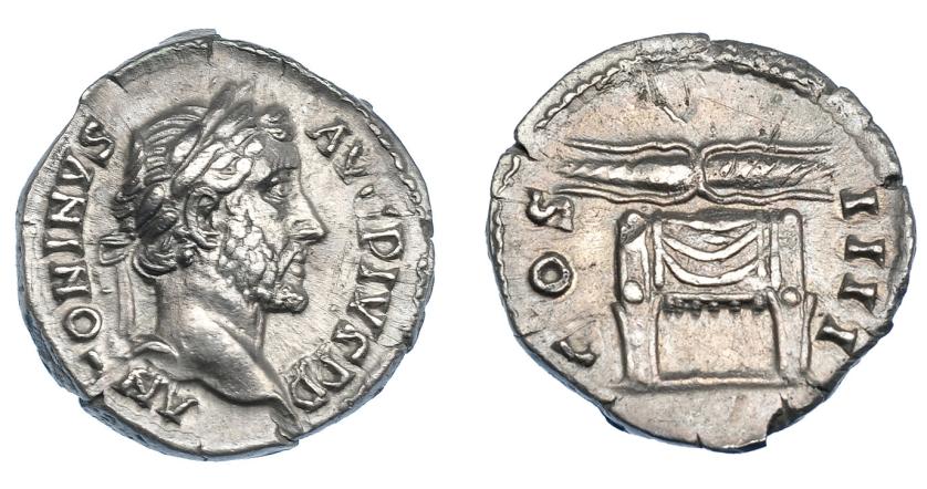 416   -  IMPERIO ROMANO. ANTONINO PÍO. Denario. Roma (145-161). A/ Cabeza laureada a der.; ANTONINVS AVG PIVS P P. R/ Haz de rayos alado sobre trono engalanado; COS IIII. AR 2,96 g. 17,9 mm. RIC-137. MBC+.