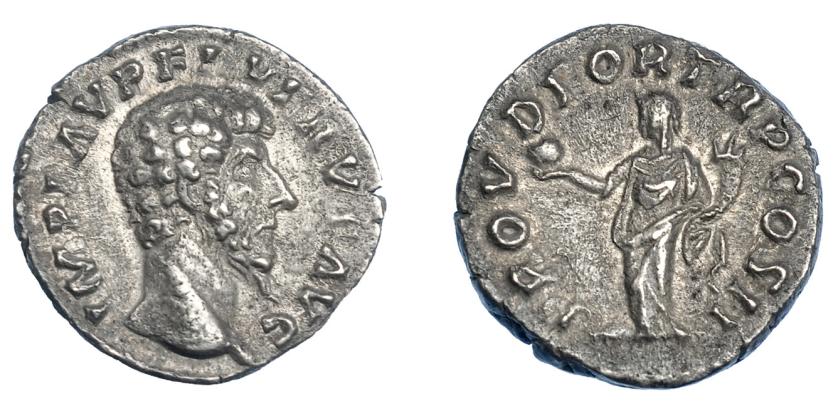 426   -  IMPERIO ROMANO. LUCIO VERO (bajo Marco Aurelio). Denario. Roma (161). A/ Cabeza a der.; IMP L AUREL VERVS AVG. R/ Providentia a izq. con globo y cornucopia; PROV DEOR TR P COS II. AR 3,13 g. 16,8 mm. RIC-463. MBC+/EBC-. 