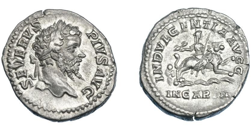 433   -  IMPERIO ROMANO. SEPTIMIO SEVERO. Denario. Roma (208-210). A/ Cabeza laureada a der.; SEVERVS PIVS AVG. R/ Dea Caeslestis cabalgando león a der. con cetro y haz de rayos; INDVLGENTIA AVGG, en exergo IN CRTH. AR 3,11 g. 19,2 mm. RIC-266. MBC+/EBC-.