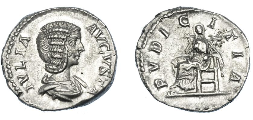 434   -  IMPERIO ROMANO. JULIA DOMNA. Denario. Roma (196-211). A/ Busto drapeado a der.; IVLIA AVGVSTA. R/ Pudicitia sentada a izq. con cetro en izq.; PVDICITIA. AR 3,49 g. 18 mm. RIC-575. EBC/EBC-.