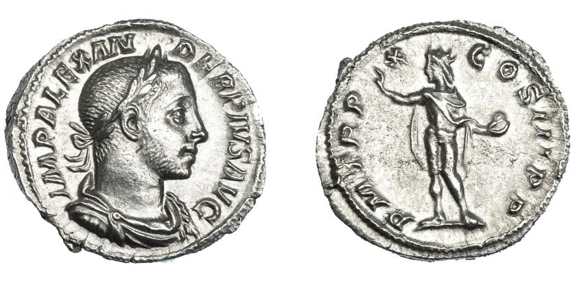 442   -  IMPERIO ROMANO. ALEJANDRO SEVERO. Denario. Roma (231). A/ Busto laureado, drapeado y acorazado a der.; IMP ALEXANDER PIVS AVG. R/ Sol a izq.; P M TR P X COS III P P. AR 2,88 g. 20,1 mm. RIC-109d. Pequeñas marcas. EBC-. 