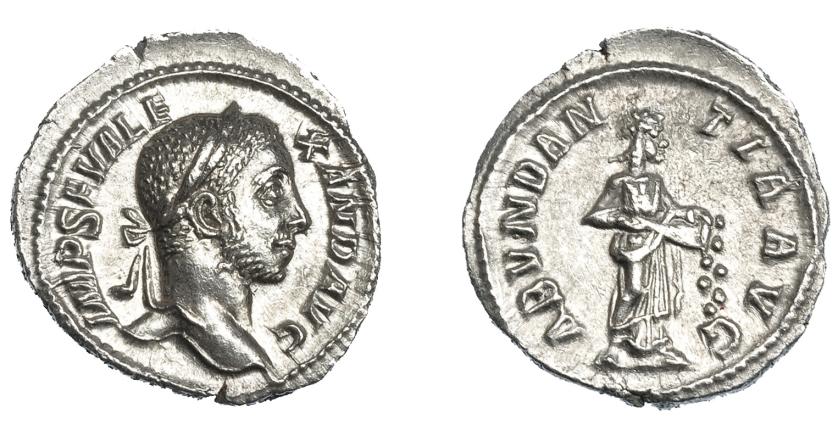 443   -  IMPERIO ROMANO. ALEJANDRO SEVERO. Denario. Roma (228-231). R/ Abundantia a der. vaciando cornucopia con las dos manos; ABUNDANTIA AVG. Ar 2,67 g. 20,25 mm. RIC-184a. EBC+/EBC. Ex Vico 156, lote 3171.