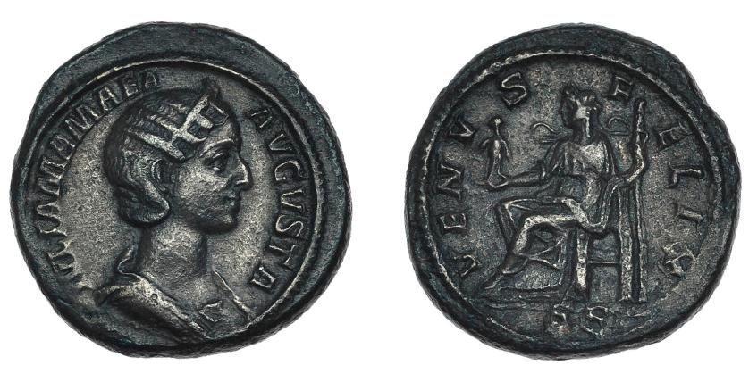 448   -  IMPERIO ROMANO. JULIA MAMEA. As. A/ Busto diademado a der.; IVLIA MAMAEA. R/ Venus sentada a izq.; VENVS FELIX, exergo S C. AE 11,27 g. 26,6 mm. RIC-703. Pátina marrón. MBC+. Escasa.