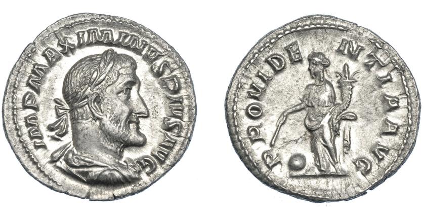 449   -  IMPERIO ROMANO. MAXIMINO I. Denario. Roma (235-236). A/ Busto laureado, drapeado y acorazado a der.; IMP MAXIMINVS PIVS AVG. R/ Providentia a izq. con cornucopia y vara, a sus pies globo; PROVIDENTIA AVG. AR 2,64 g. 19,9 mm. RIC-13. EBC/EBC-.