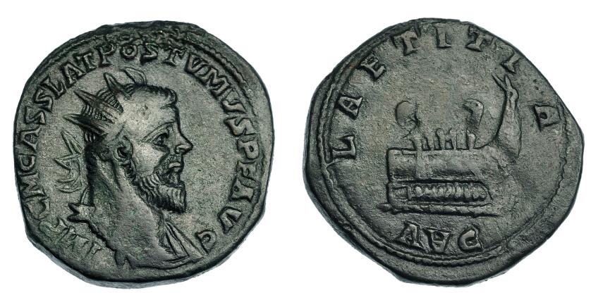 457   -  IMPERIO ROMANO. PÓSTUMO. Sestercio. Lugdunum (261-263). R/ Busto radiado y drapeado a der.; IMP C M CASS LAT POSTVMVS P F AVG. R/ Galera a der. con remeros y timonel; LAETITIA / AVG. AE 22,72 g. 33,98 mm. RIC-143. Pátina oscura. MBC.