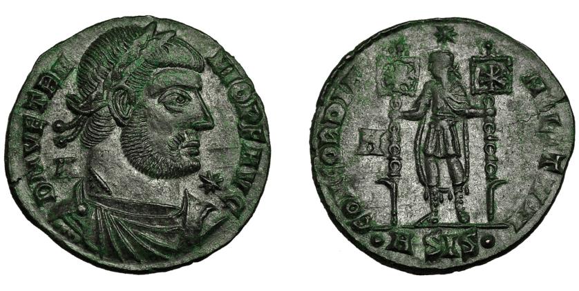 459   -  IMPERIO ROMANO. VETRANIÓN. Centenionalis. Siscia (350). R/ Emperador de frente con dos lábaros; CONCORDIA MILITVM, en campo A, en exergo .ASIS. . AE 4,97 g. 23,21 mm. RIC-274. Leve vano. EBC. Rara. 