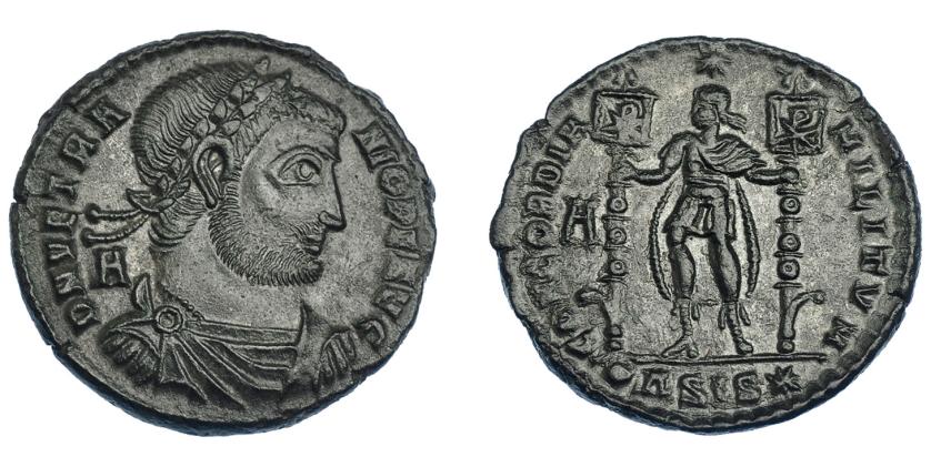 460   -  IMPERIO ROMANO. VETRANIÓN. Centenionalis (AE-2). Siscia. R/ El emperador en traje militar con dos lábaros, encima estrella; CONCORIDA MILITVM, en exergo marca de ceca D.SIS estrella. AE 5,43 g. 24,16 mm. RIC-281. Pátina verde. EBC-. Escasa.