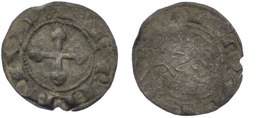 479   -  REINOS DE CASTILLA Y LEÓN. FERNANDO II. Dinero. León. A/ Cruz de círculos; FERNAND´. R/ . REX . LEO. VE 0,55 g. 17,49 mm. III-no. BMM-196. MM-F 2.4. Ligeramente alabeada. Raya en anv. BC+/MBC.  Muy rara.