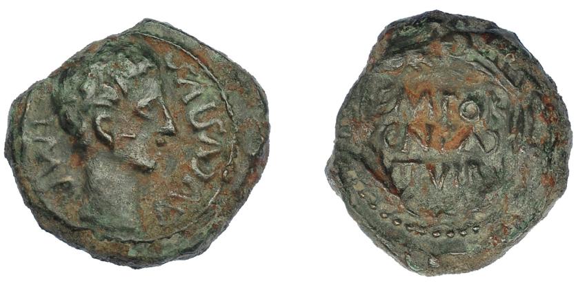 48 - HISPANIA ANTIGUA. CAESARAUGUSTA. Augusto. Cuadrante. A/ Cabeza a der.; IMP AVGVSTVS. R/ Corona rodeando M POR/CN FAD/ II VIR. AE 3,90 g. 16,8 mm. I-341. APRH-316. ACIP-3040. Pátina verde. MBC. Muy escasa.