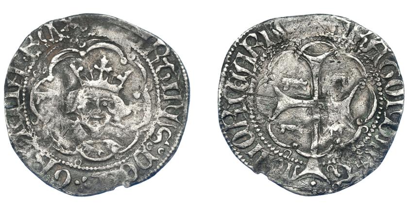 495   -  CORONA DE ARAGÓN. MARTÍN EL HUMANO (1396-1410). 1/2 real. Mallorca. Marca bueyes en anv. y rev. AR 1,48 g. 20,2 mm. IV-520. Raya en rev. BC+. Muy escasa.