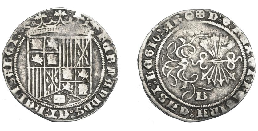 499   -  REYES CATÓLICOS. Real. Burgos. Marca caldero en ley. de rev. AR 3,24 g. 26,64 mm. AC-299. MBC-.