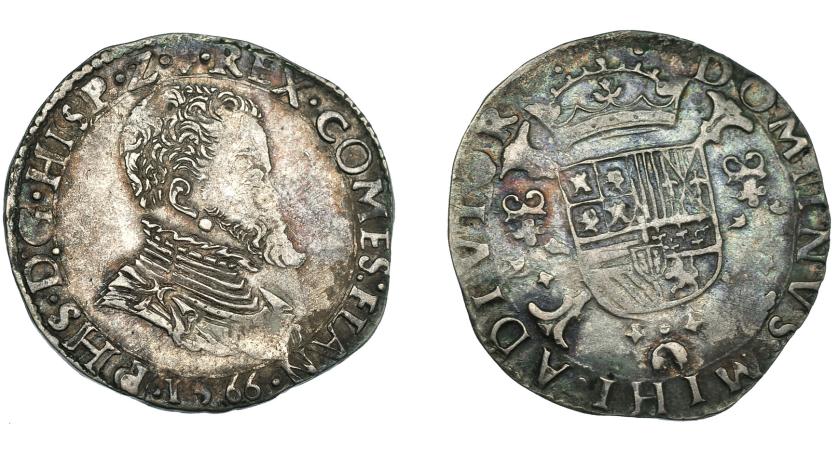 513   -  FELIPE II. 1/5 de escudo. 1566. Brujas. Fecha 6 6 bajo el busto. Vandhoudt-271BG. MBC-.