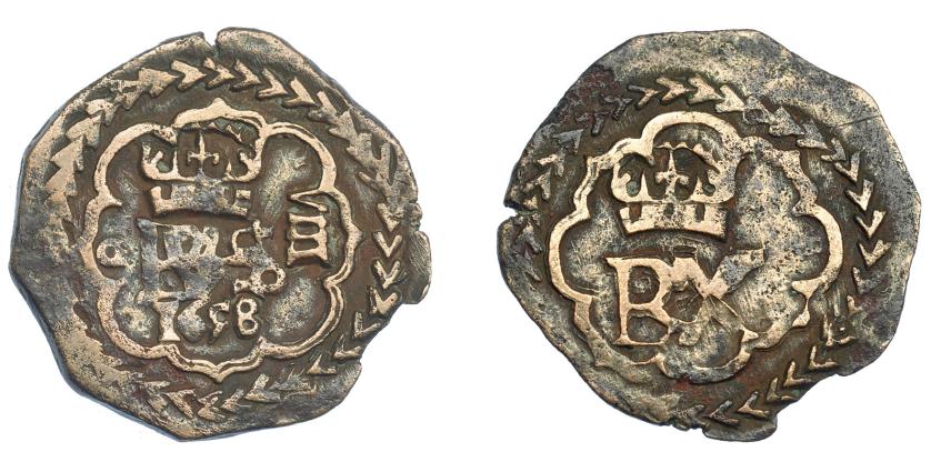 520   -  FELIPE IV. Resello VIII maravedís. 1658. Granada. Valor, marca de ceca y fecha en anv. a los lados del monograma de Felipe. JS-no. MBC-. Muy rara.