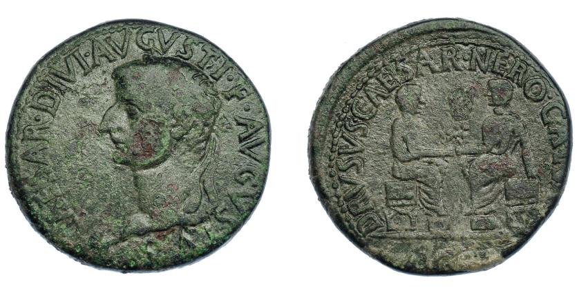 53   -  HISPANIA ANTIGUA. CAESARAUGUSTA. Tiberio. Dupondio. A/ Cabeza laureada a izq.; (TI) CAESAR DIVI DIVI AVGVSTI F AVGVSTVS. R/ Nero y Druso sentados afrontados; DRVSVS CAESAR NERO CAE(SAR), debajo (C C A). AE 12,54 g. 28 mm. I-353. APRH-342. ACIP-3068. Pátina verde. MBC-. Rara.