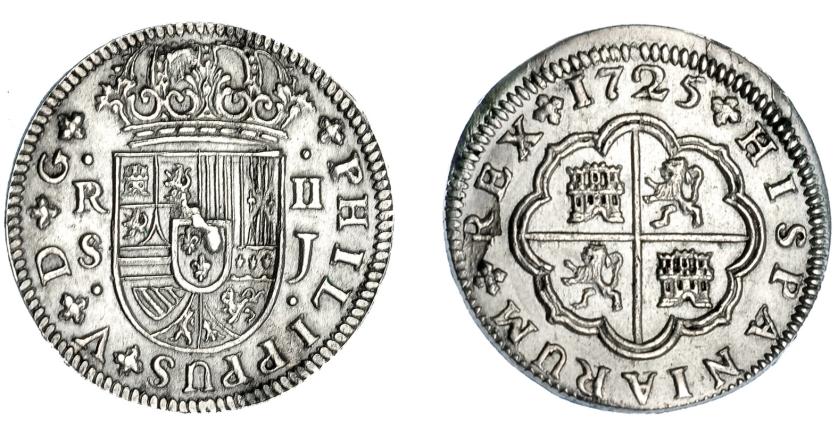 536   -  FELIPE V. 2 reales. 1725. Sevilla J. VI-786. Rebaba en anv. EBC.
