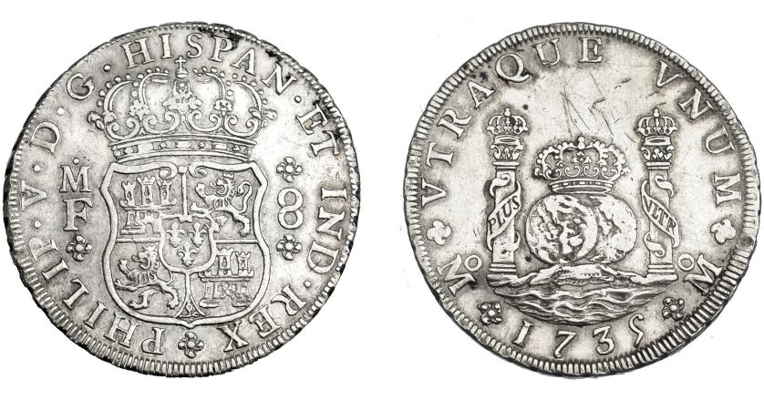 538   -  FELIPE V. 8 reales. 1735. México. MF. VI-1143. Rayitas en rev. MBC+/MBC.