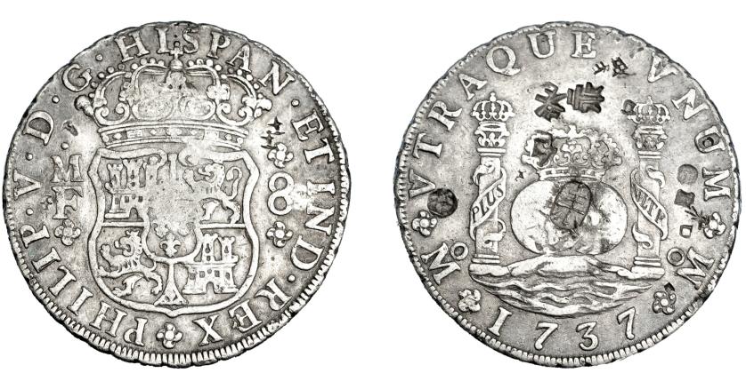 540   -  FELIPE V. 8 reales. 1737. México. MF. VI-1145. Resellos orientales. MBC-. 