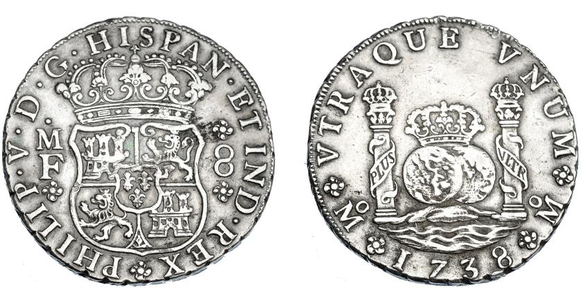 541   -  FELIPE V. 8 reales. 1738. México. MF. VI-1146. Marcas de ajuste en anv. MBC/MBC+.