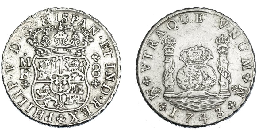 545   -  FELIPE V. 8 reales. 1743. México. MF. VI-1151. Pequeñas marcas. MBC+.
